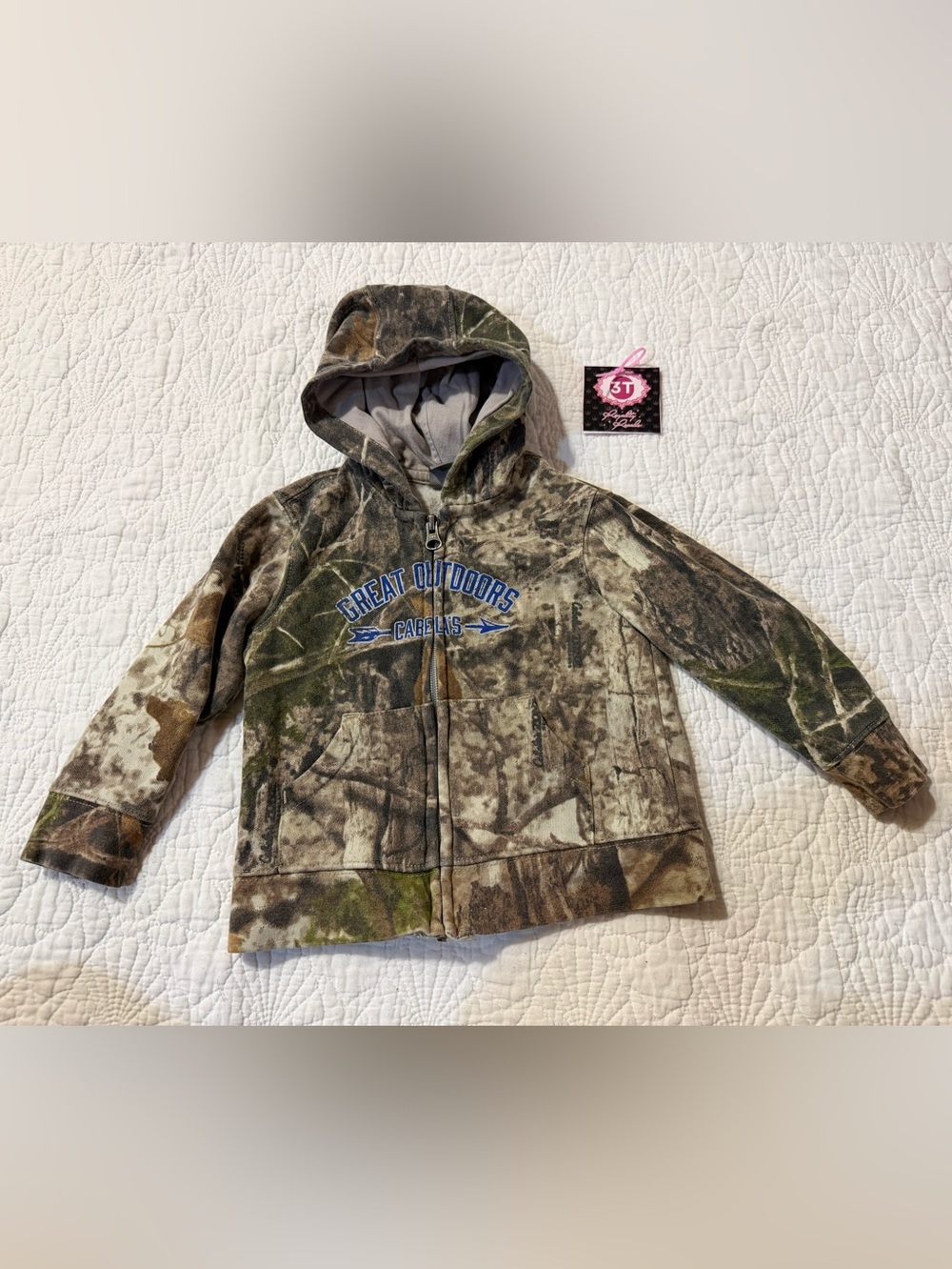 Cabela's Kids' Camo Zip Hoodie in Green and Brown with Blue Logo (3T)